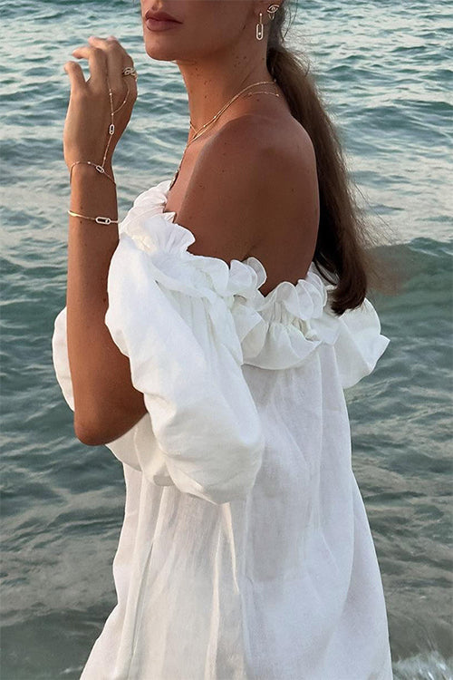 WW | Rosiedress Off Shoulder Rüsche Trim Schlitz Baumwolle Leinen Maxi Urlaub Kleid
