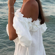 WW | Rosiedress Off Shoulder Rüsche Trim Schlitz Baumwolle Leinen Maxi Urlaub Kleid