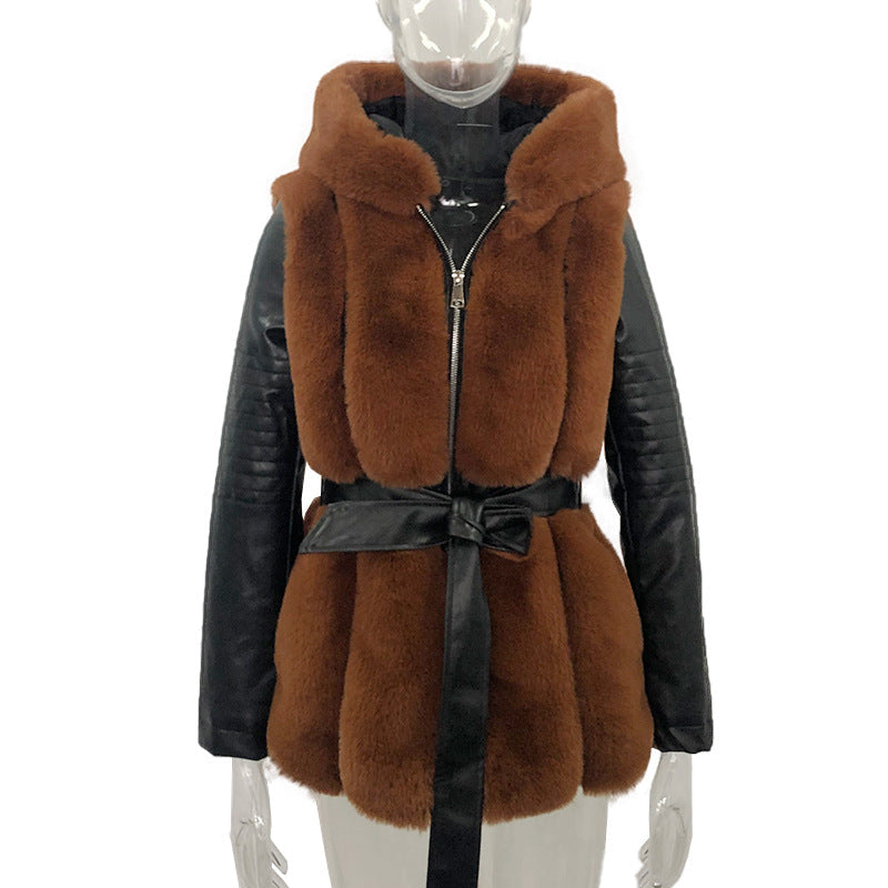 W&W Mode Stil Pelz Gürtel Gürtel Mit Kapuze Zipper Jacke für Damen