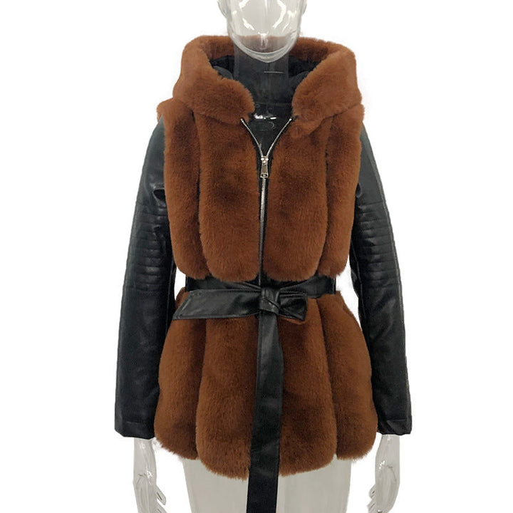 W&W Mode Stil Pelz Gürtel Gürtel Mit Kapuze Zipper Jacke für Damen