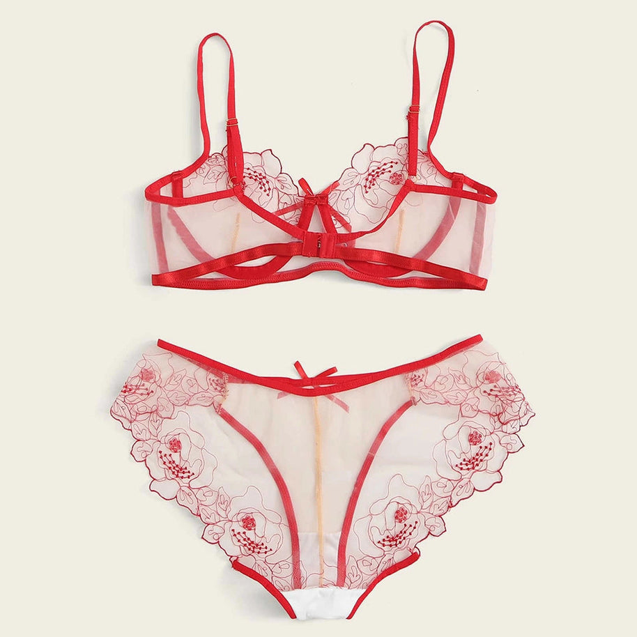 WW | Women's Mesh Stickerei Sheer Dessous Set