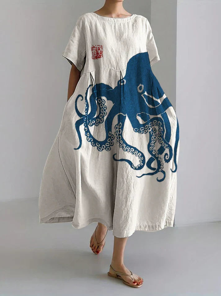 W&W Mode | Langes Kleid Aus Halbleinen Mit Japanischem Muster Aus Octopus Leinen