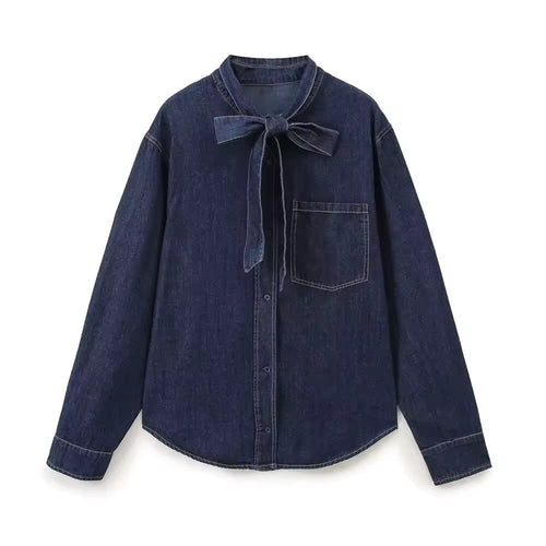W&W Mode | Dunkle Denim Bluse Mit Schleifenkragen