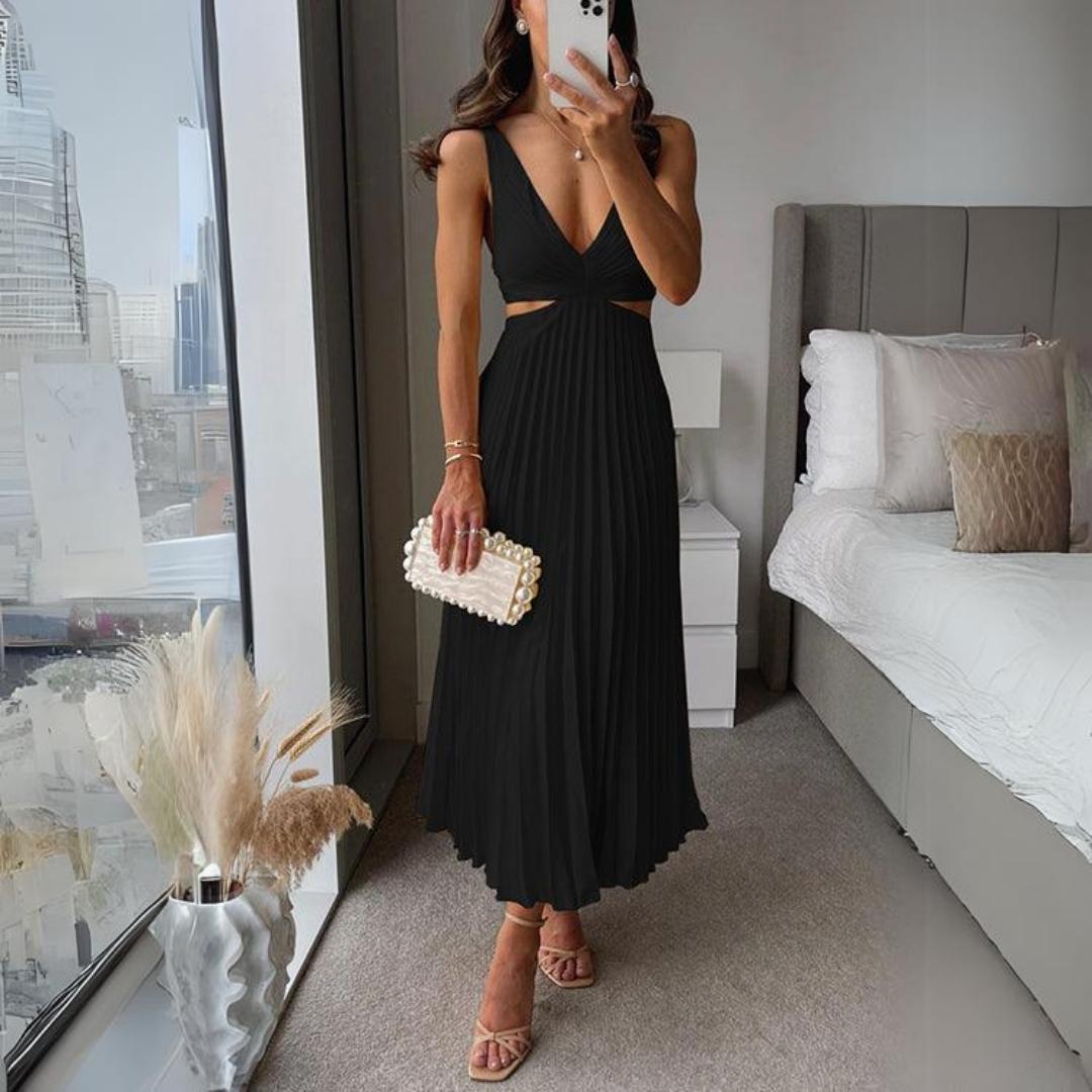 WW | Midi Kleid Ärmellos V-ausschnitt Twist Front & Cut Out Detail Plissierter Rock