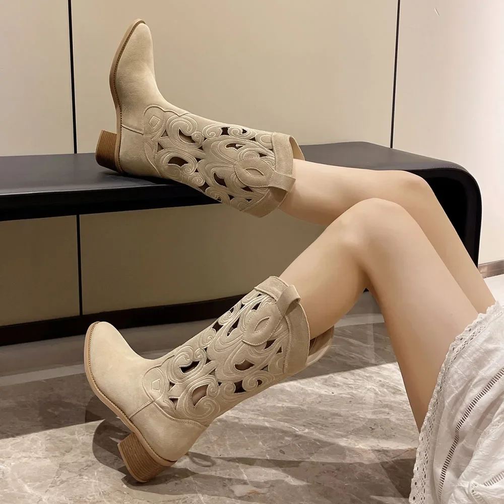 WW | Bestickte Westernstiefel Damen mit Dekorativen Ausschnitten, Cowboystiefel Damen