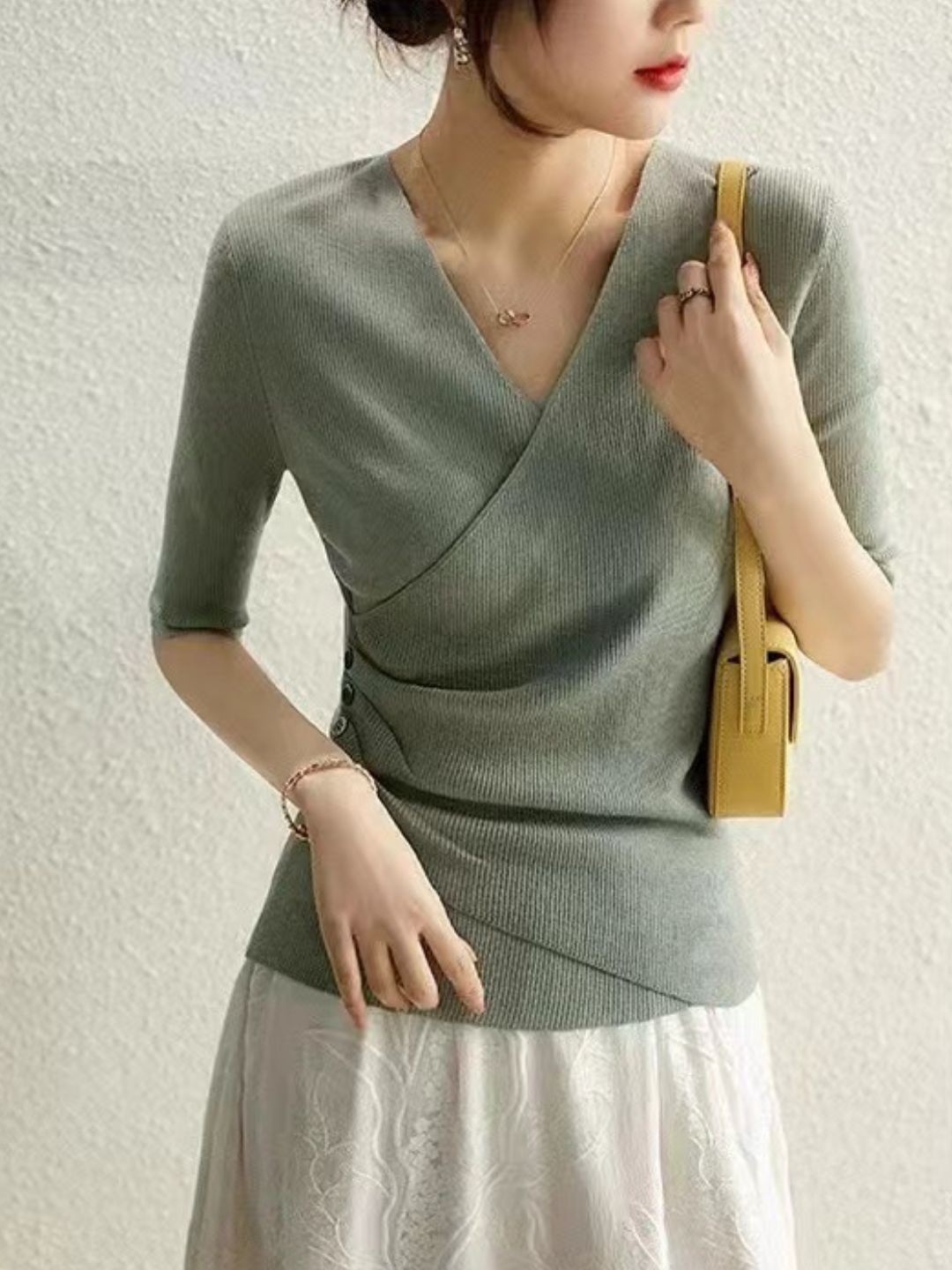 WW | Casual V-Ausschnitt Unifarben Stricktop Grün