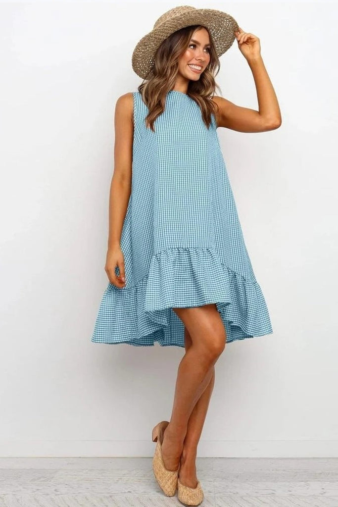 WW | Stylische Damen Midi Kleider Ärmellos Kariert Rundhalsausschnitt Raffung Kleid