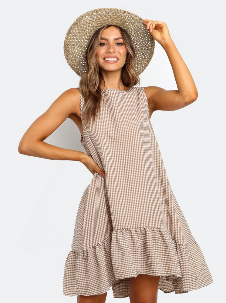 WW | Stylische Damen Midi Kleider Ärmellos Kariert Rundhalsausschnitt Raffung Kleid