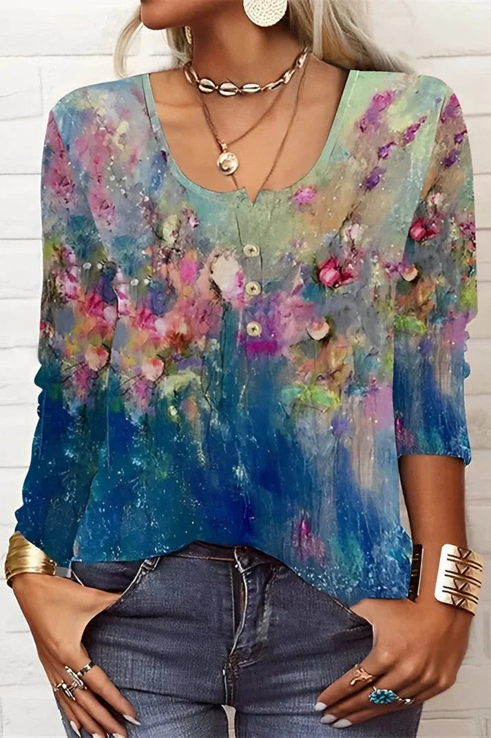 WW | T-Shirt mit Langen Ärmeln und Blumenprint mit Rundhalsausschnitt und Langen Ärmeln