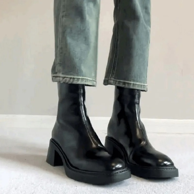 Damen-Leder-Ankle-Boots mit Blockabsatz