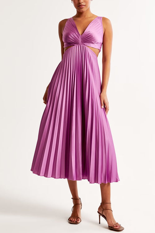WW | V-Ausschnitt Cut-Out Taille Ärmelloses Falten-Maxikleid
