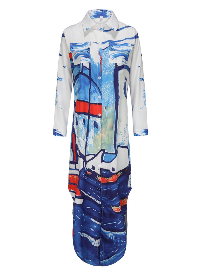 W&W Mode | Langarm Kleid mit Gesichtsmuster in Blau und Weiß