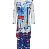 WW | Langarm Kleid mit Gesichtsmuster in Blau und Weiß