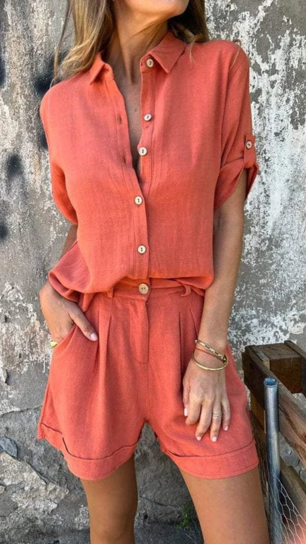 WW | Knitterfreies Leinen Damen Satz Kurze Hose Und Bluse Mit Atmungsaktivem Komfort