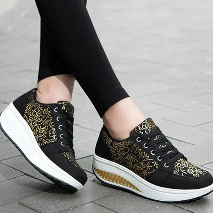 W&W Mode | Schwarze Leder Orthopädische Damen Sneakers Mit Blumenmuster