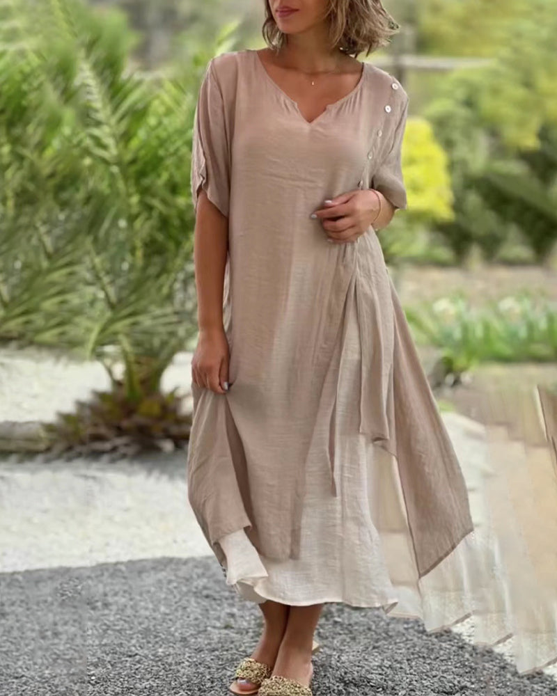 WW | Asymmetrisches Kleid mit kurzen Ärmeln und V-Ausschnitt