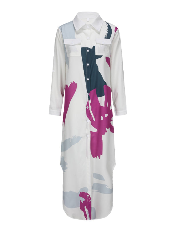 WW | Langarm Hemdkragen Kleid mit Muster in Lila