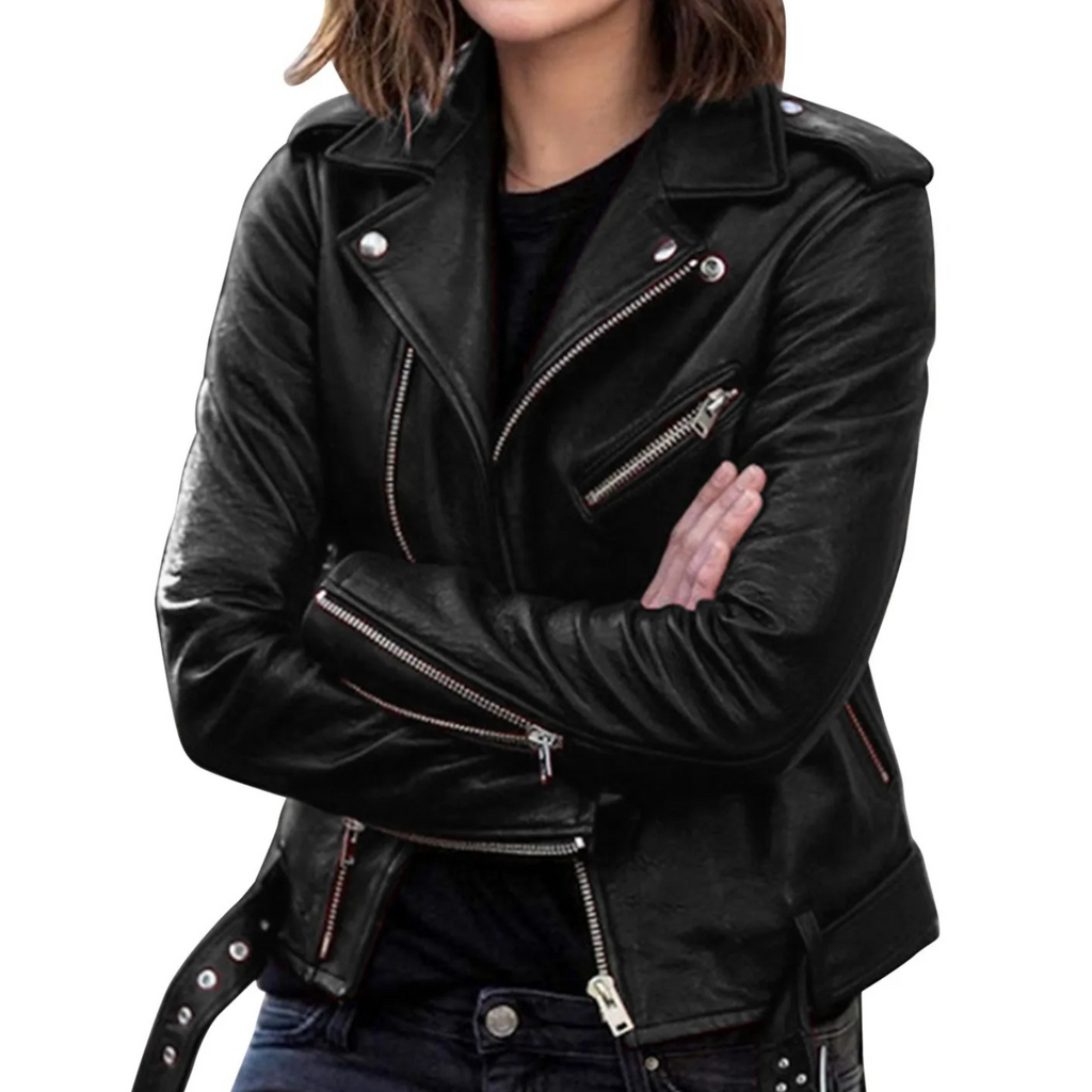 WW | Lederjacke Damen Bikerjacke Mit Reißverschlüssen Und Gürtel