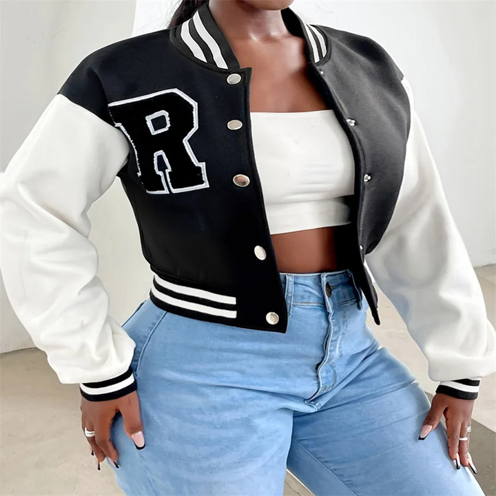 W&W Mode | Varsity Bomberjack Damen, Kurzes Modell mit Buchstabenpatch und Druckknopfverschluss