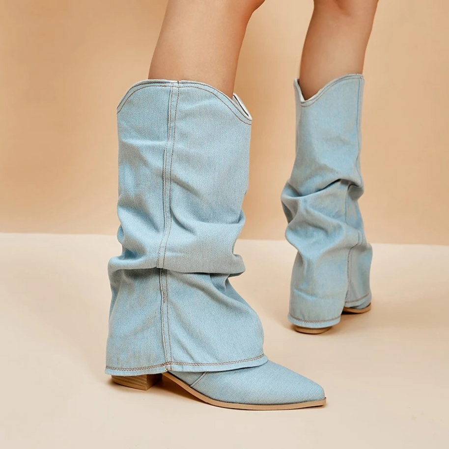 WW | gefaltete denim-stiefel mit blockabsatz
