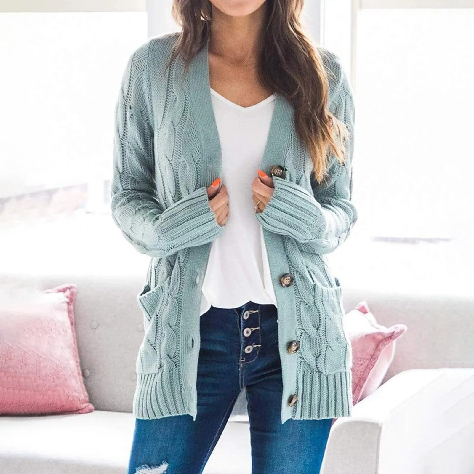 WW | Stylische Lange Strickjacke Für Damen Mit Knopfleiste