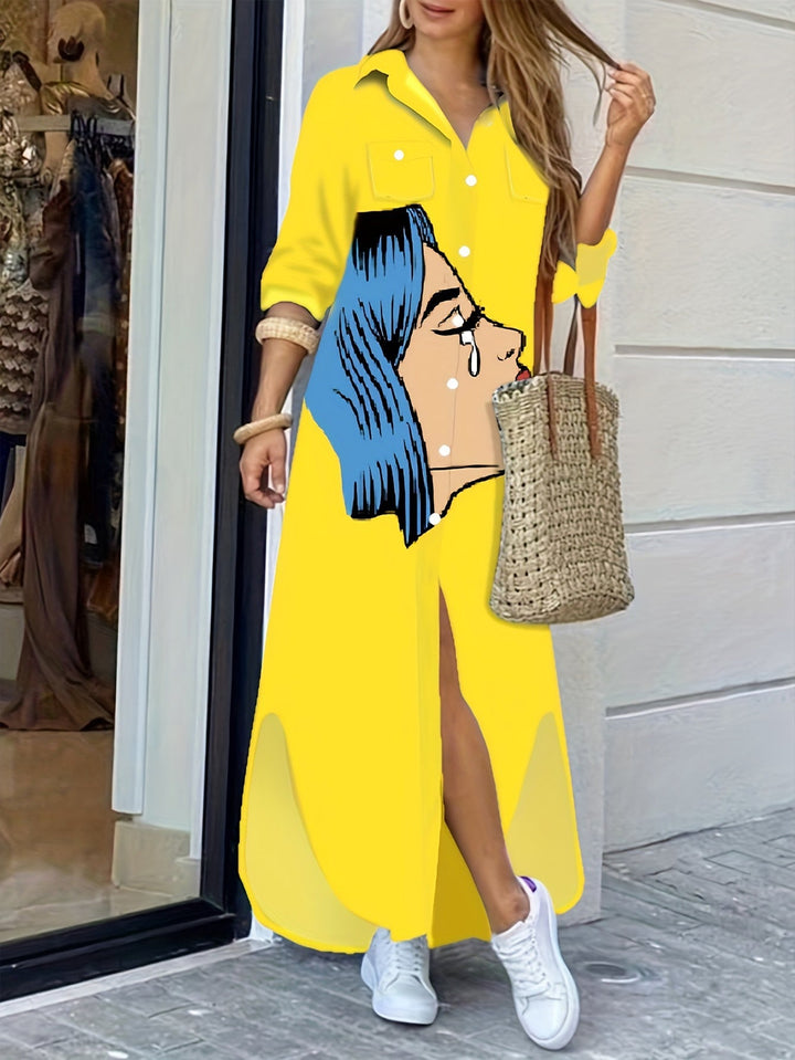 W&W Mode | Kleid mit Gesichtsdruck und Kragen in Gelb