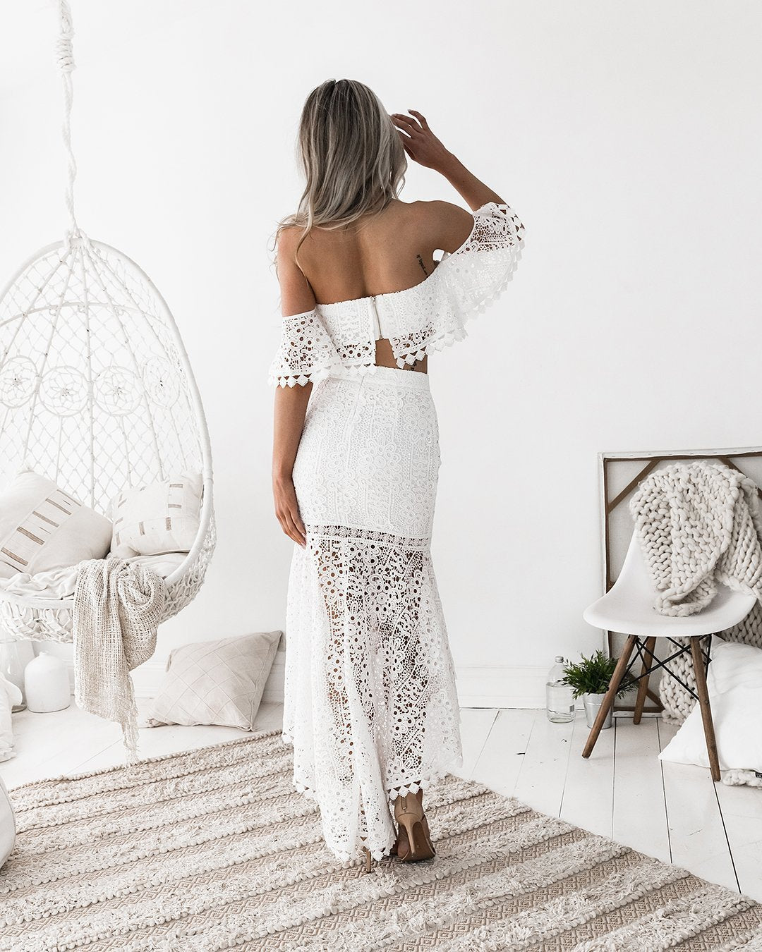 WW | Spitze Off-Shoulder Crop Top Hoch Niedrig Rock 2-teiliges Set