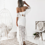 WW | Spitze Off-Shoulder Crop Top Hoch Niedrig Rock 2-teiliges Set