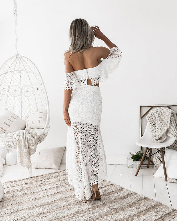 WW | Spitze Off-Shoulder Crop Top Hoch Niedrig Rock 2-teiliges Set