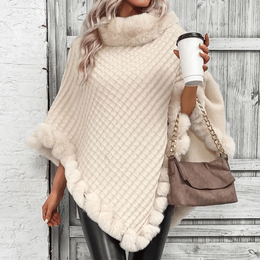 WW | Poncho mit weicher Webstruktur – stilvoller Damenponcho mit Kragen und Kunstpelzabschluss