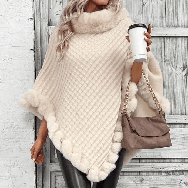 WW | Poncho mit weicher Webstruktur – stilvoller Damenponcho mit Kragen und Kunstpelzabschluss
