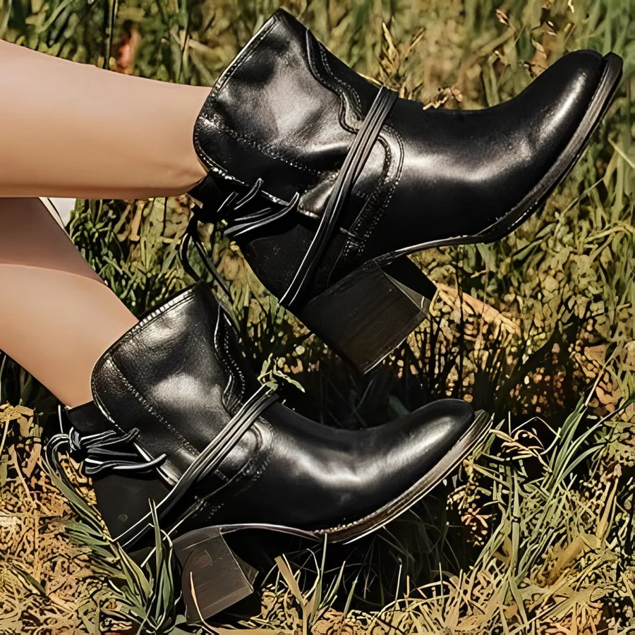 WW | Damen Western Ankle Boots mit Wickelschnürung, Gewaschenes Leder, Dicke Absätze
