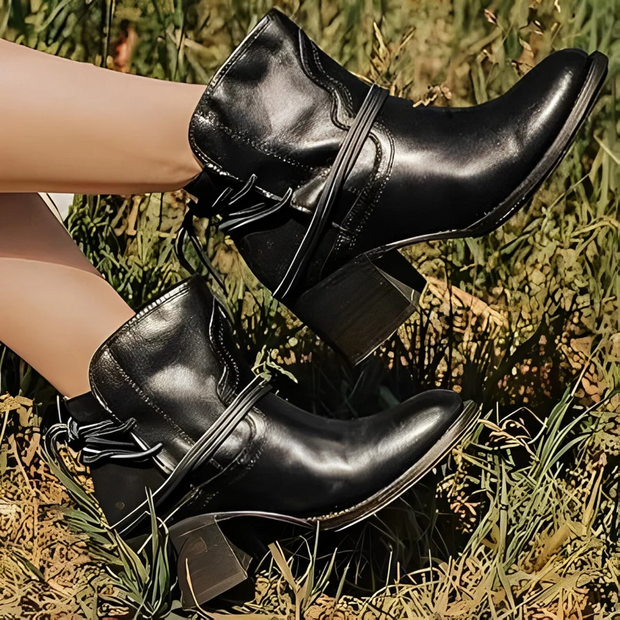 WW | Damen Western Ankle Boots mit Wickelschnürung, Gewaschenes Leder, Dicke Absätze