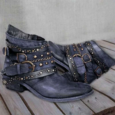 WW | Damen Abgelebte Leder Ankle Boots, Mehrere Riemen mit Schnallen, Western Stil