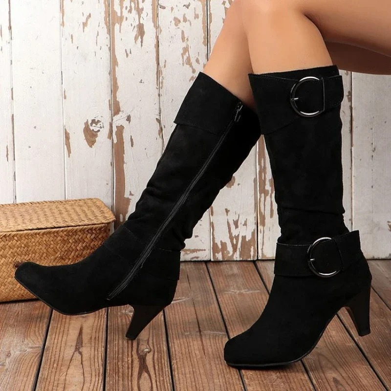 WW | Damen Knielange Stiefel mit Reißverschluss und Schnalle Stilvolle Hohe Stiefel