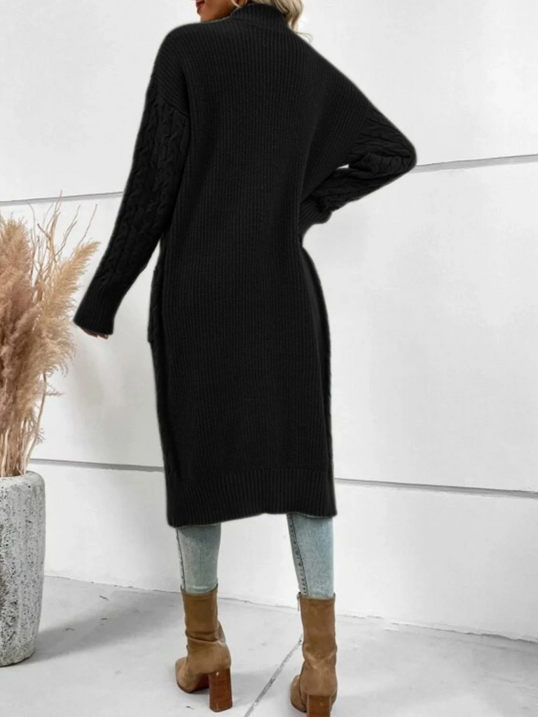 WW | Lange Strickjacken Damen Gestrickte Offene Jacke mit Zopfmuster und Taschen