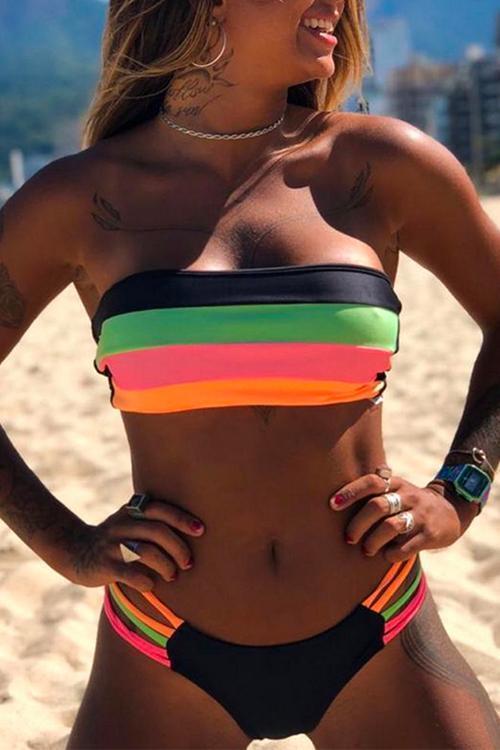 WW | Rosiedress Rainbow Gestreifter Tube Top Bandeau Bikini Set