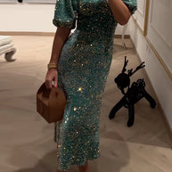 WW | Puff Kurzarm Tailliertes Pailletten Midi Partykleid