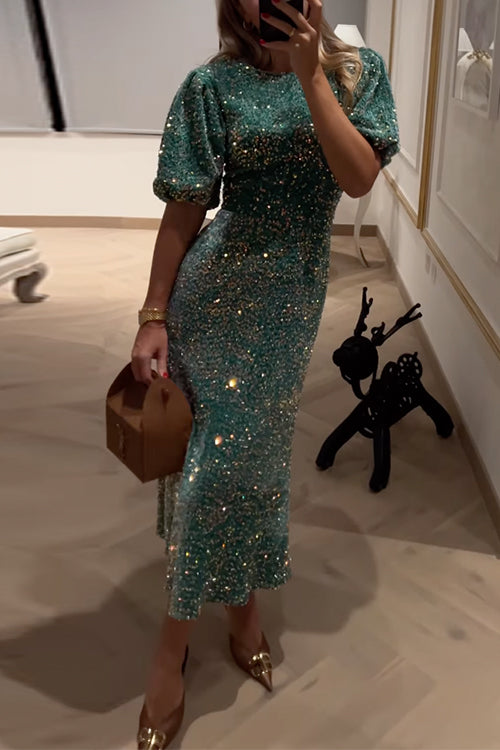 WW | Puff Kurzarm Tailliertes Pailletten Midi Partykleid