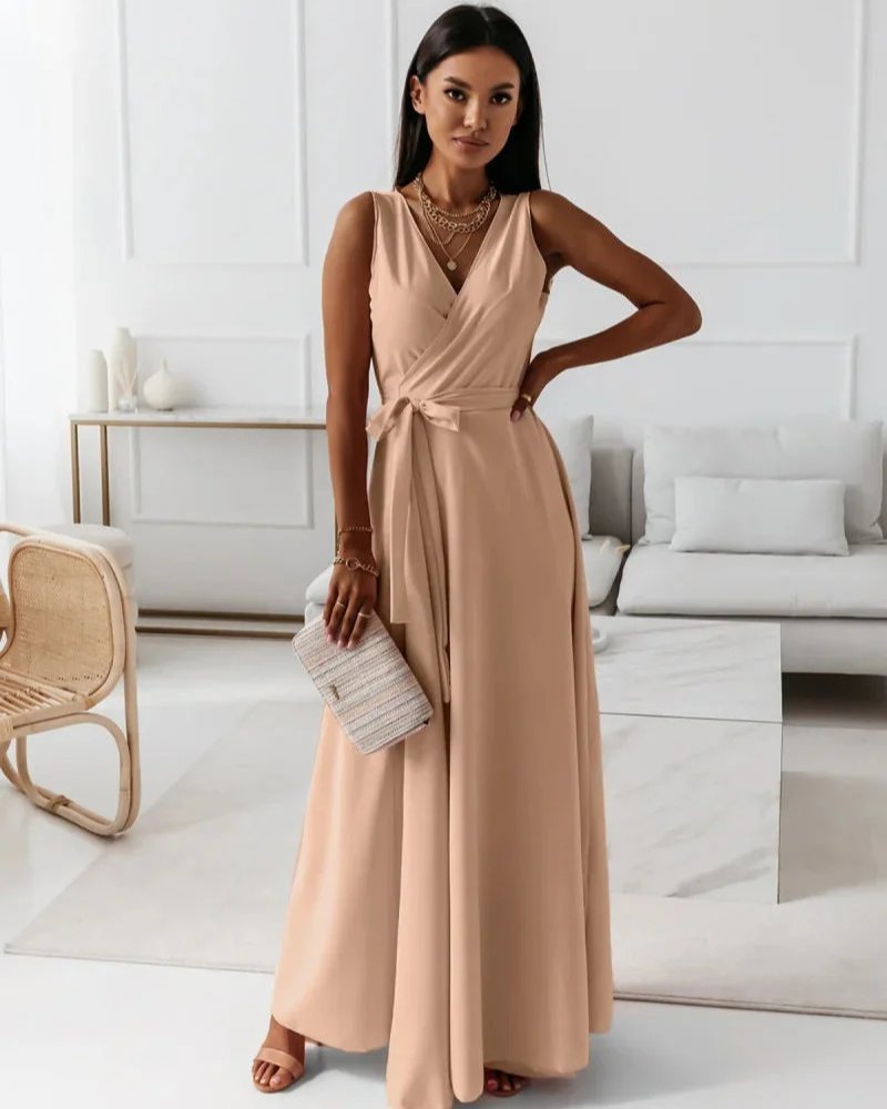 WW | Langes V-Ausschnitt Kleid für Damen Maxi