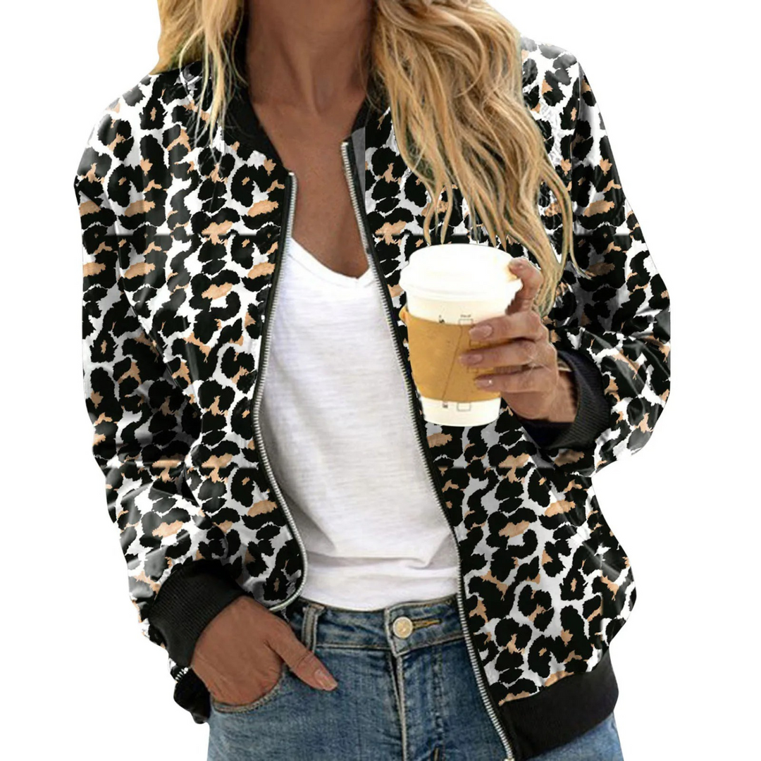 W&W Mode | Leopardprint Schwarz Mit Revers Mit Reißverschluss Damen Sommerjacke
