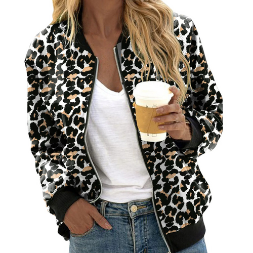 W&W Mode | Leopardprint Schwarz Mit Revers Mit Reißverschluss Damen Sommerjacke