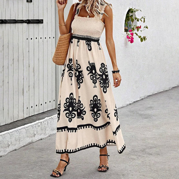 WW Retro Kleid | Langes Kleid mit Retro-Druck und Schulterriemen