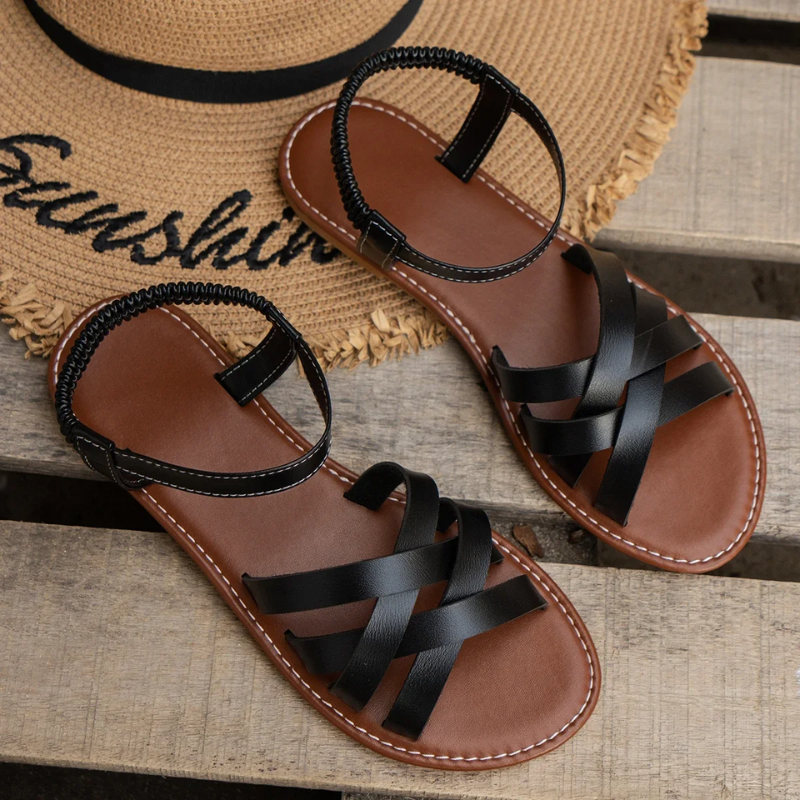W&W Mode | Elegante Leder Damen Sandalen Flacher Schuh