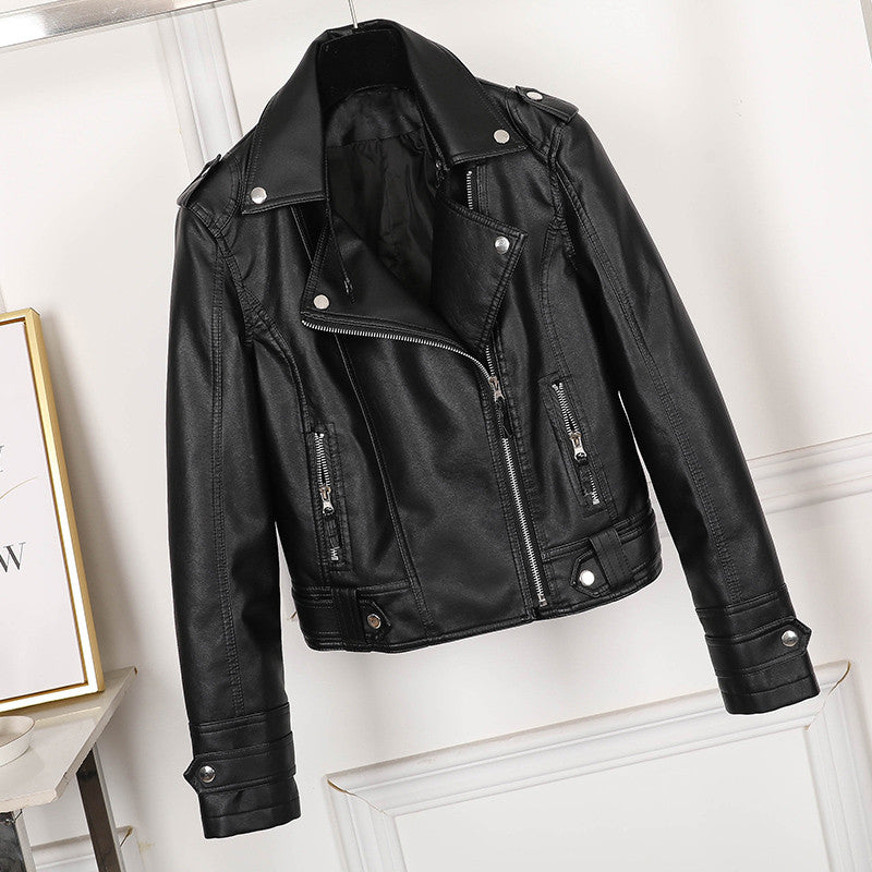 WW | Damen Slimfit Schwarze Lederjacke Mit Revers Und Reißverschluss Für Frauen
