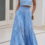 WW | Rosiedress Spitze Hollow Out Rundhals Crop Tank Top Hohe Taille Maxi Swing Rock Set