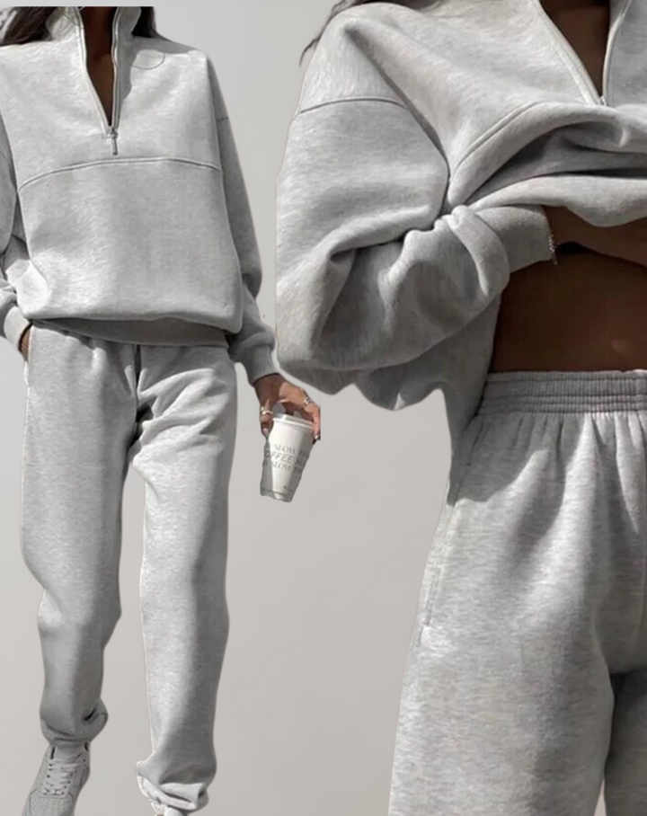 W&W Mode | teilige Fleece-Trainingsanzug-Set - stilvolle Damen-Zip-Up-Oberteil und Jogginghosen