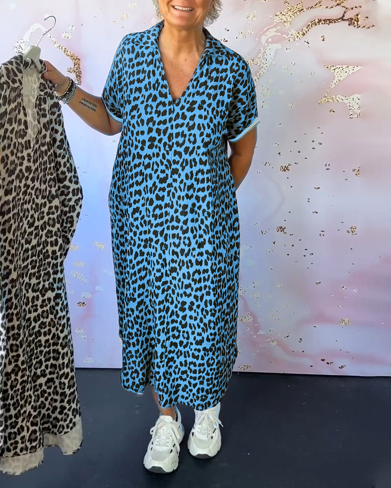 WW | Kurzärmliges Kleid mit Leopardenmuster und V-Ausschnitt