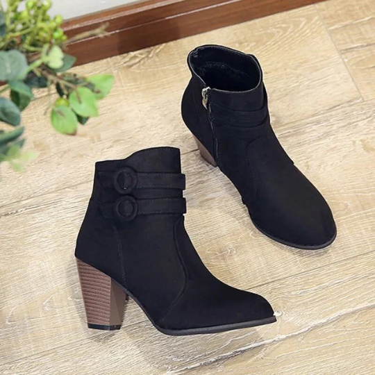 WW | Damen Wildleder Ankle Boots mit Doppelsteckverschluss, Hohem Blockabsatz, Reißverschluss