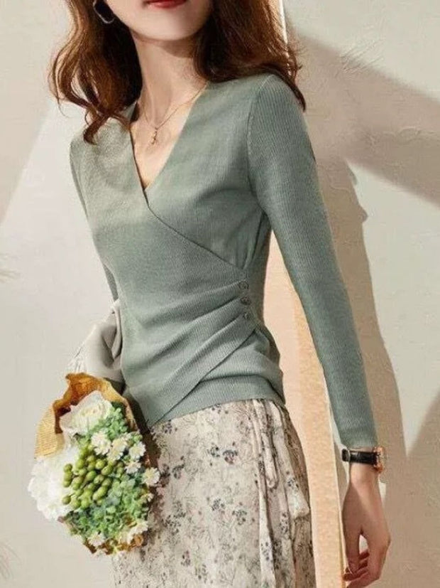 WW | Casual V-Ausschnitt Unifarben Stricktop Grün